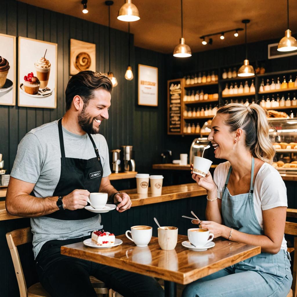 A cozy and welcoming Staassi Cafe on Flinder's Street in Melbourne is filled with customers relishing their coffee, ice cream desserts, and pastries; friends laugh over a shared scotcheroo while a barista prepares more orders, with a sign reading 