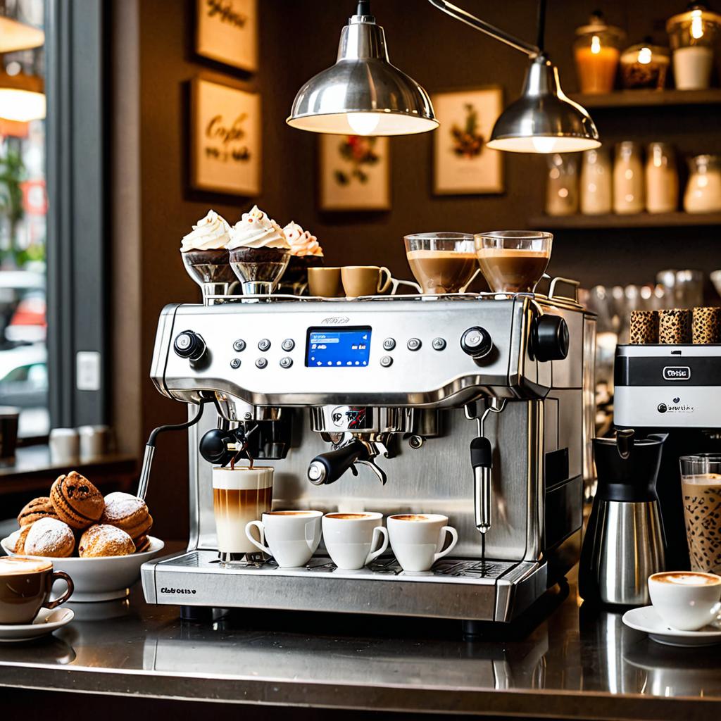 At Bryan's Café in Villeurbanne, patrons savor hot milk cake and marshmallow cremes amidst bustling café culture, with a barista expertly preparing coffee using intricate equipment, creating an atmosphere that celebrates both delectable desserts and the art of coffee crafting.