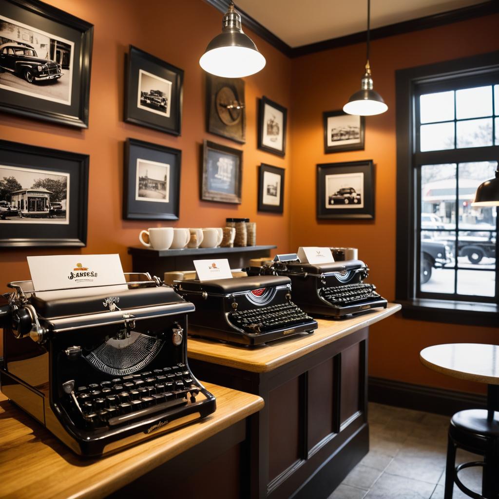 A cozy Jaespere's Java Cafe image in Conway showcases freshly brewed coffee aroma, expert espresso pulls, tempting pastries, historic black-and-white photos, and a vintage typewriter, reflecting nostalgia, comfort, and the artistry of coffee craft.
