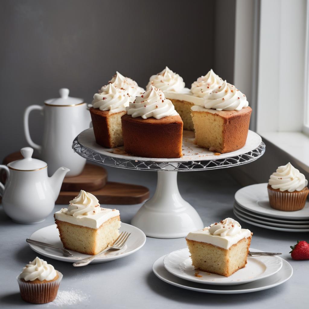A cozy Calgarian cafe scene: A delectable lane cake proudly sits on a white-clothed table with melting con panna frosting, flanked by empty muffin trays and full pans, while coffee tools gleam in the background.