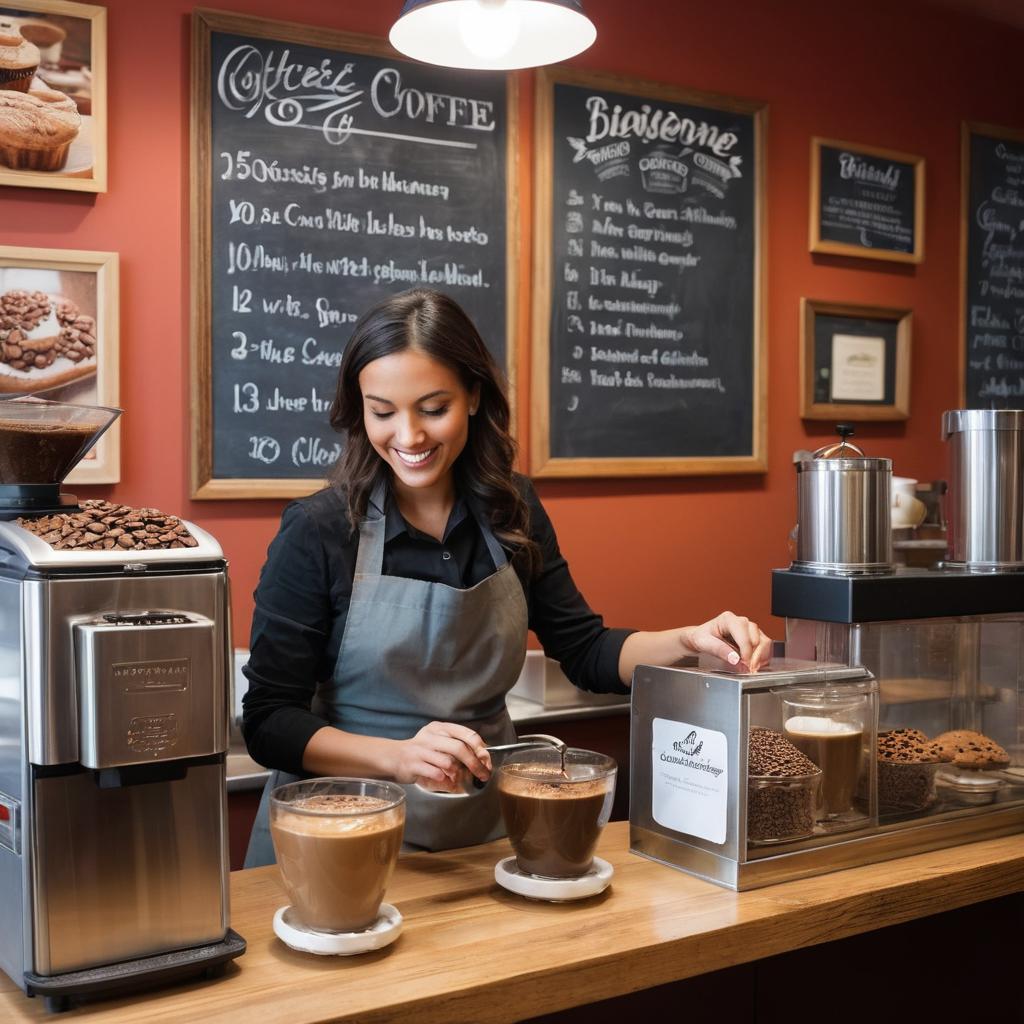 In this Hayward café image, a barista grinds fresh Arabica beans amidst bustling customers, while posters and chalkboard menu display coffee types and gourmet pastries, with patrons engaging in lively conversation against the backdrop of aromatic brewing.