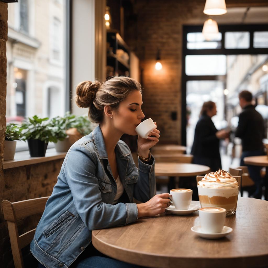 At The Bertinet Bakery Cafe in Bath UK's Brunel Square (BA1 1SX), a content customer enjoys a steaming latte macchiatto amidst warm wooden furnishings, white-painted brick walls, and the tantalizing scent of coffee, while nearby patrons converse or work, all under ambient lighting.