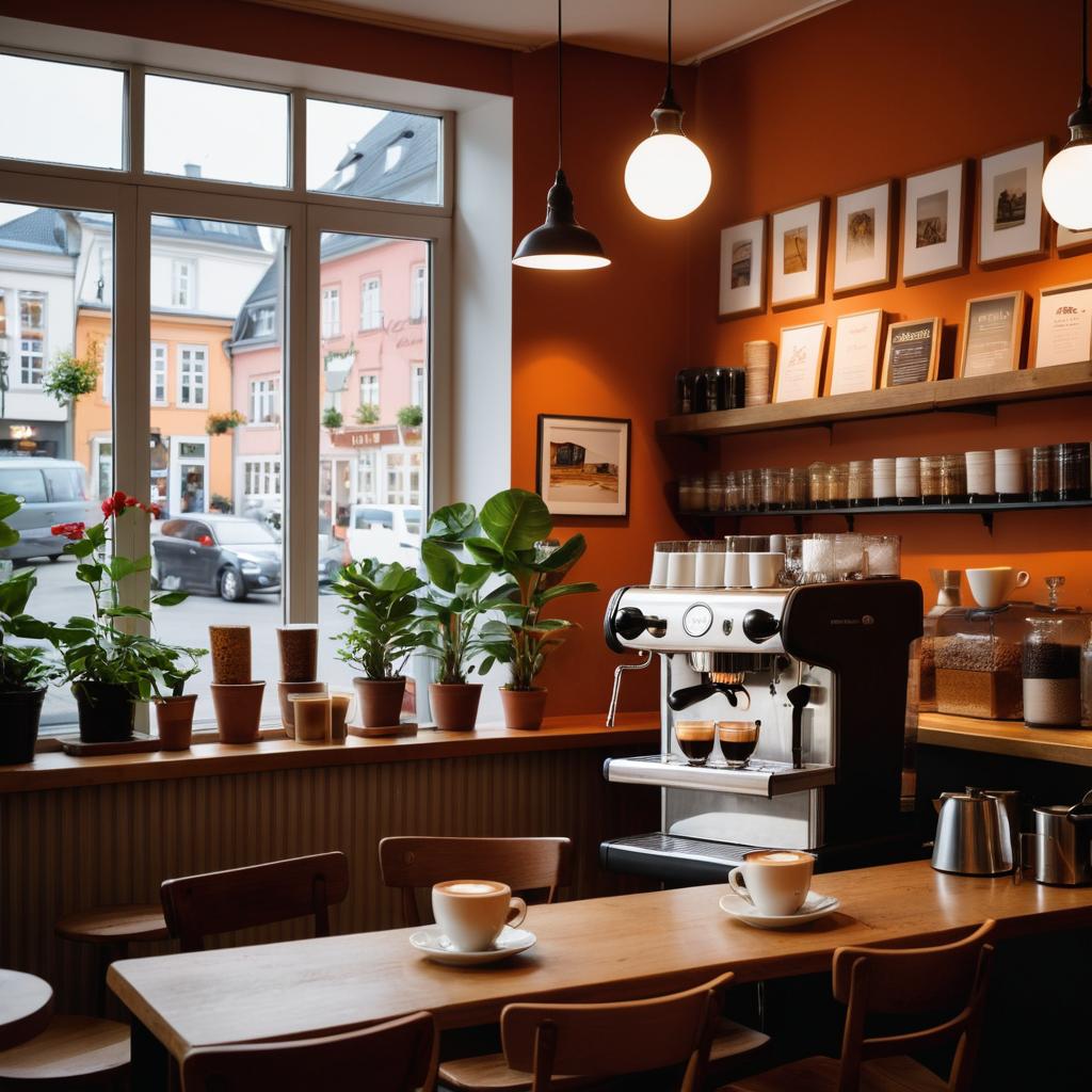 At Cafe Liebling in Kiel, Germany, patrons gather over espresso macchiatos and more, as the barista expertly brews coffee amidst a bustling scene of warmth, music, painting, and accommodations for allergies with free medicine.