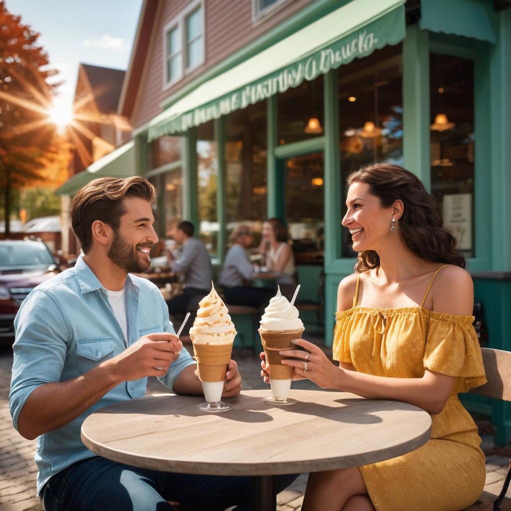 A couple savor ice cream and Irish coffee at an idyllic outdoor table in Dover, Delaware's rustic café, surrounded by fellow patrons, creating a warm ambiance celebrating both everyday indulgence and the historic craft of coffee.