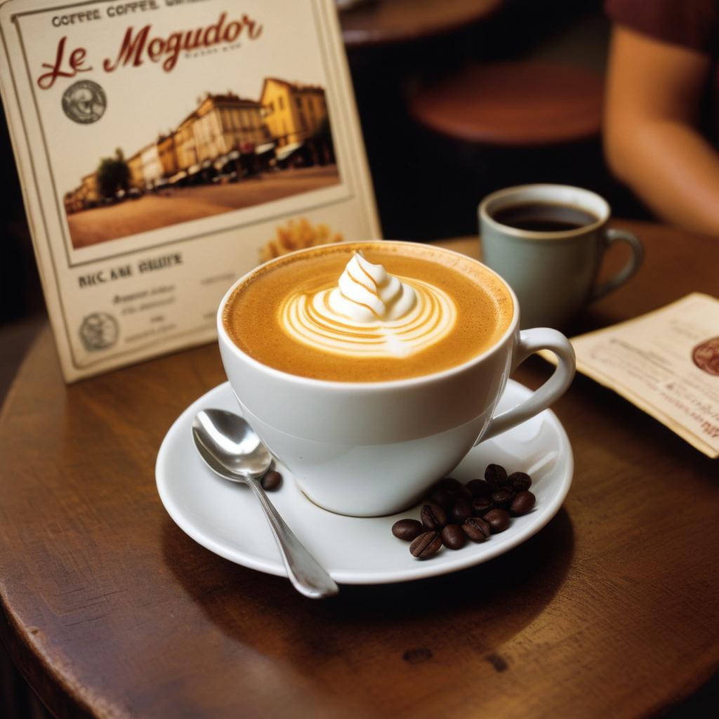 At Le Moğador in Nimes, France (1997), customers enjoy locally sourced coffee and desserts while sipping from steaming cups, surrounded by photos of coffee production and warm, inviting decor.