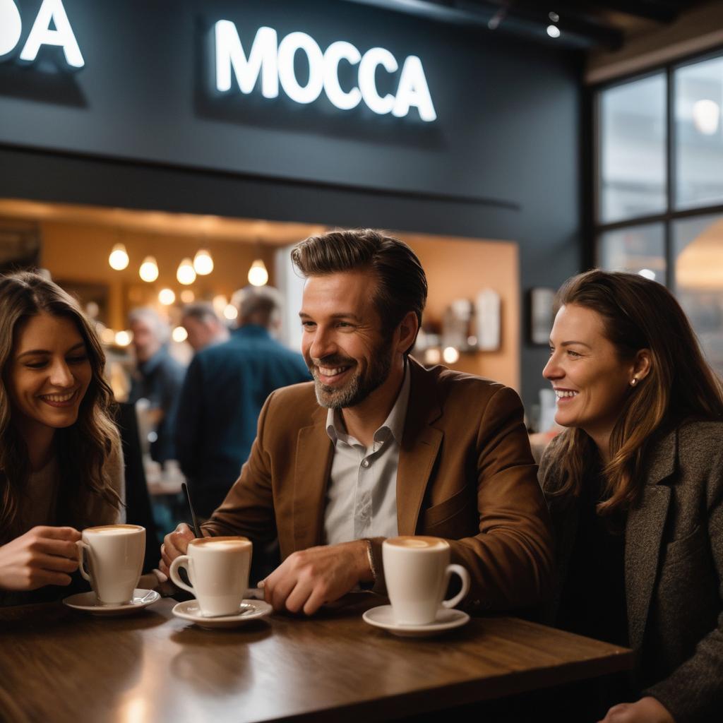 At Moca Kaffeerösterei in Hanover, Germany, a cozy café known for its Irish coffee, founder Ken Talley shares his passion for coffee with regular patrons as they enjoy their beverages amidst warm lighting and bustling conversations, while the sign above the barista station reads 