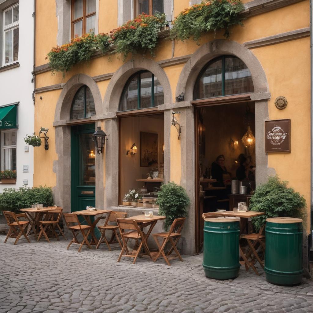At Cafe Füchshen in Erfurt, Germany, patrons relish Irish coffees and desserts amidst a cozy interior of warm lighting, vintage coffee machine, and shelves of various coffee beans, while outside Hütergasse 13 bustles with activity. (A couple is shown inside enjoying their coffee at a wooden table.)