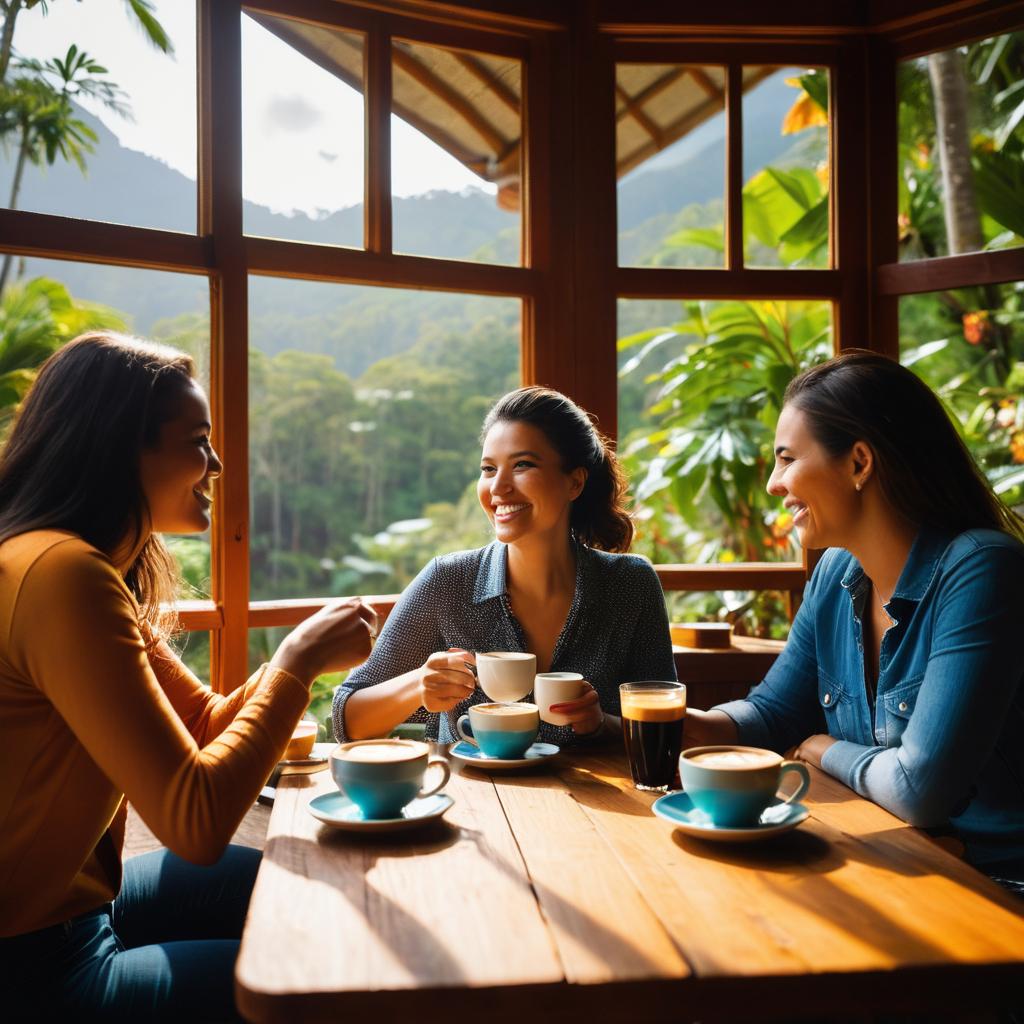 At Sunshine Coast and Blue Mountain Cafe in Australia, friends enjoy their favorite double espressos and cafetière brews made from Arabusta, Kentucky jam cake, Sulawesi Toraja Kalossi, while soaking up the sunshine or lush greenery, as a global community gathers for perfect beverages and engaging conversations.
