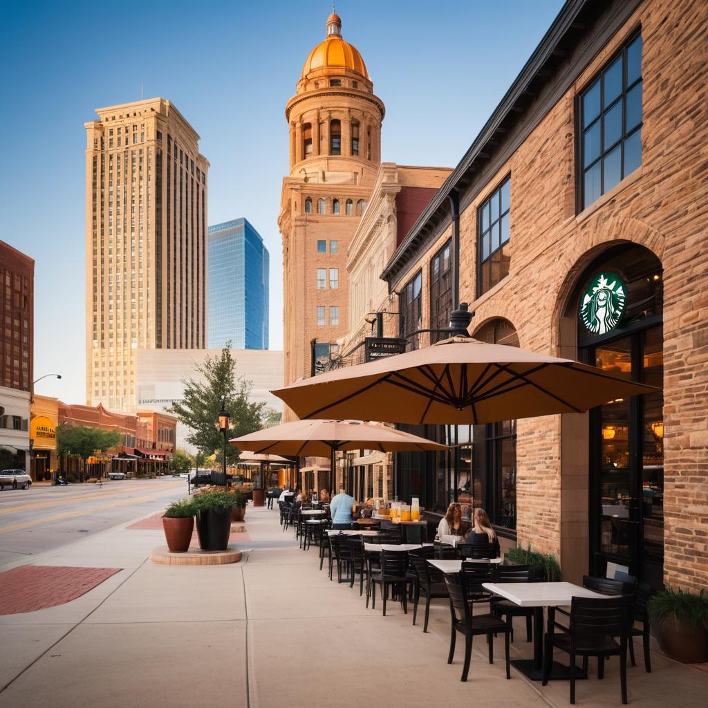 A contemporary coffee shop in downtown Fort Worth's Sundance Square, featuring Starbucks and Yolk, boasts a cozy atmosphere with the Fort Worth skyline as a backdrop, inviting visitors for a delicious cup of coffee and a slice of pie.