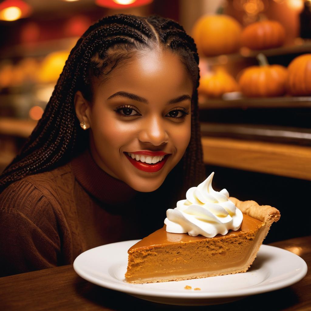 In this York Art Gallery freeze-frame, Amiyah Shields savors a slice of pumpkin pie or Kentucky jam cake at either Cafe Luca or No.8 (1995), surrounded by content patrons enjoying their sweets and hot coffee, capturing the essence of nostalgic indulgence.