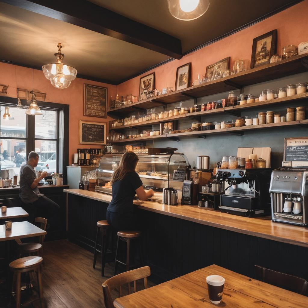 The image captures the enchanting ambiance of Aurora's Café in Irving, where customers savor their café au lait near espresso machines, pastries, vintage posters, and warm lights, amidst a buzz of local chatter and tranquil couples.