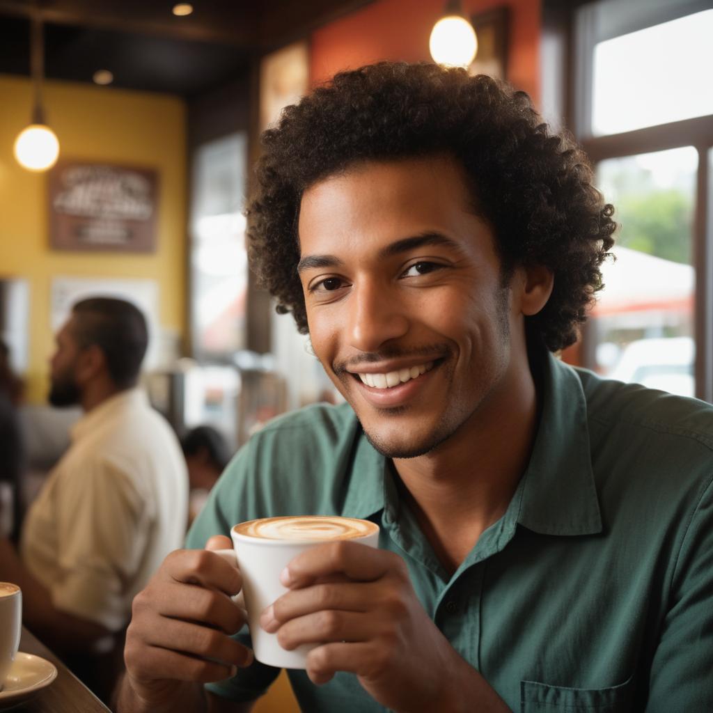 A man named Malachi Newman, filled with excitement and nostalgia, stands in a lively café lined up for a fresh brew and cherished bean pie or hostess dessert, enveloped by chatter and the sweet aroma of coffee.