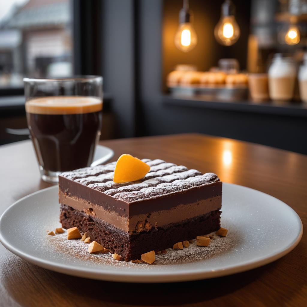 A cozy Essen, Germany cafe scene displays an enticing close-up of a chocolate dessert and bourbon infused café corretto, surrounded by inviting soft lighting and historical coffee facts behind a glass counter.