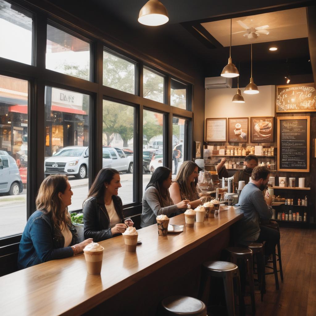 In this lively Dallas cafe photo, patrons engage over ice cream and books while a barista prepares an espresso, surrounded by warm lighting, wooden decor, paintings of brews, and bustling street activity outside.