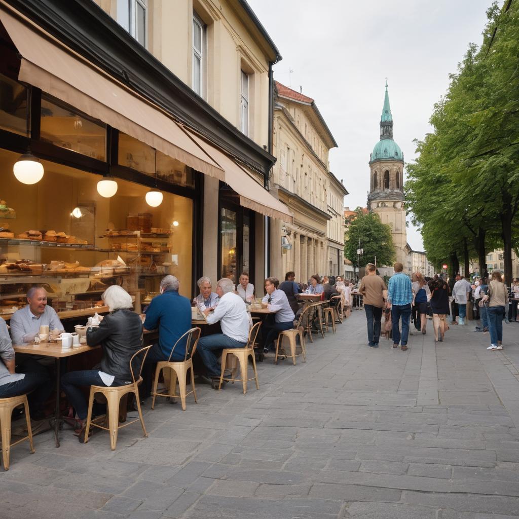 The image showcases a lively café in Stuttgart, Germany (2005), where friends engage over coffee and desserts near the window. Surrounding patrons chat, while outside, pedestrians pass and city parks are visible beyond. As the sun sets, more customers arrive to enjoy this cozy and inviting atmosphere.