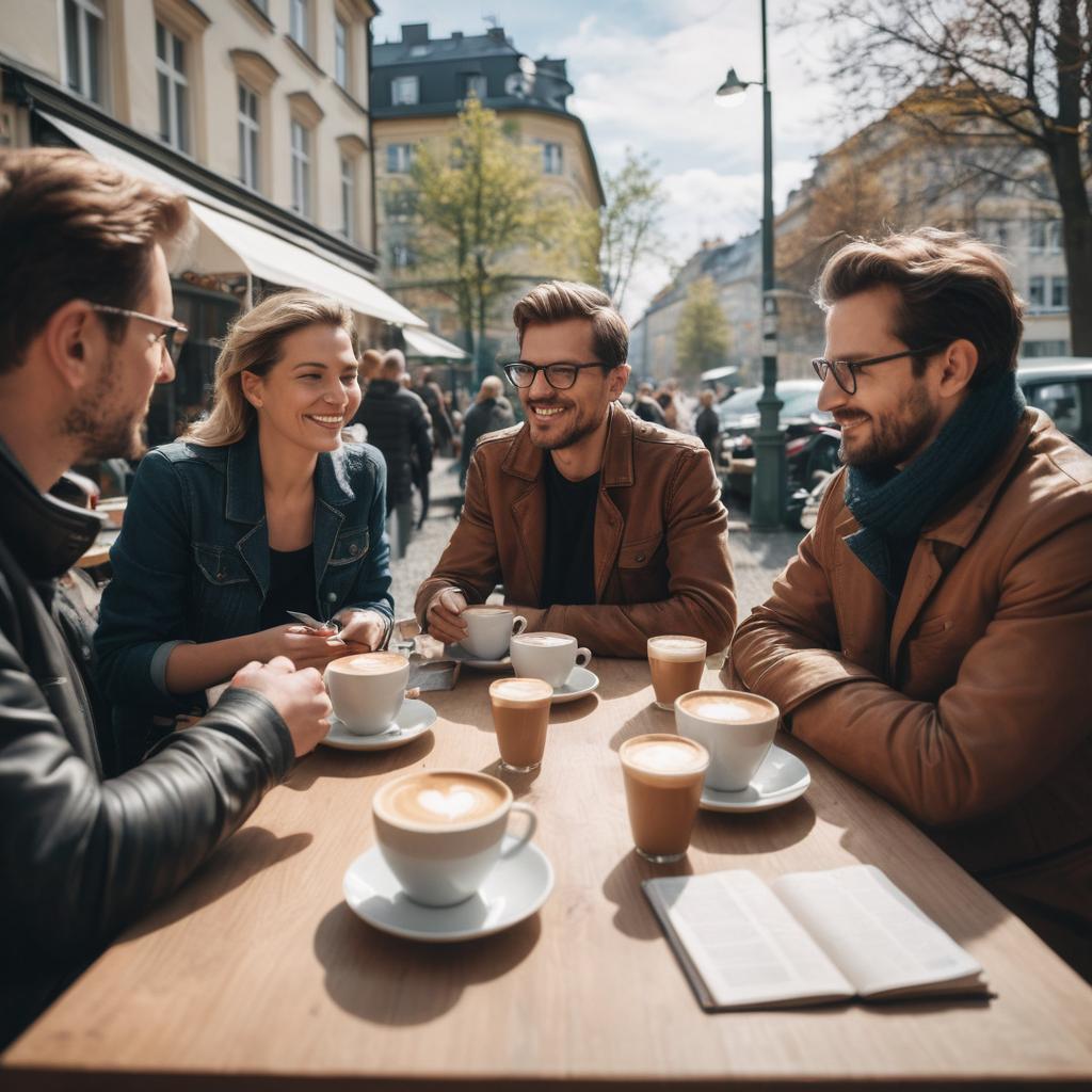 A group of friends converse warmly in an old-fashioned parkside café amidst bustling Berlin city life, surrounded by cozy ambiance filled with books, paper boards, and brewing coffee.