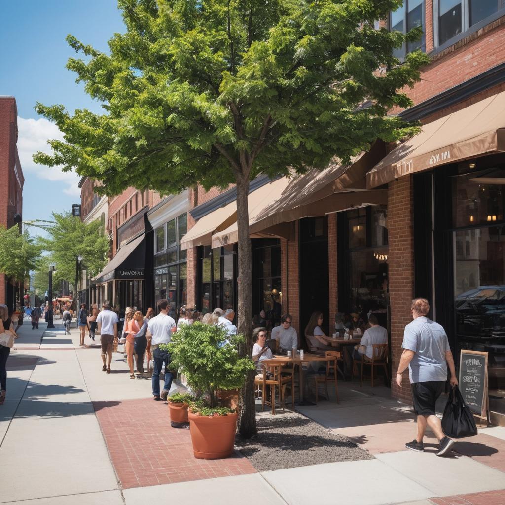 A lively Columbus scene showcases Mama's café friends exiting with Americanos, Cafe Pheniix's allure drawing locals, a shopping mall nearby, and a towering coffea tree symbolizing the city's coffee heritage.