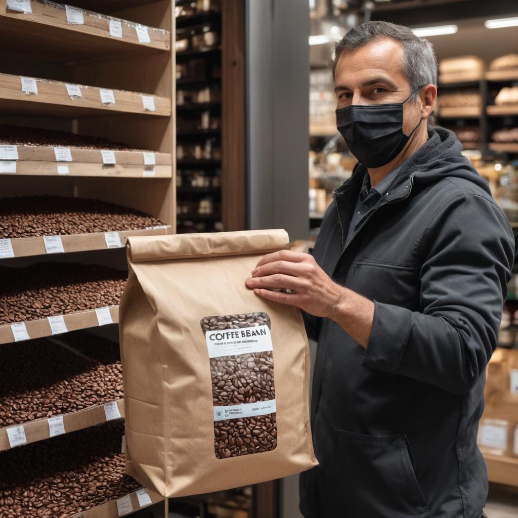 During the COVID-19 pandemic in Bonn, Germany, a masked customer refills an empty bag with fresh coffee beans from a local supplier, showcasing the continued operation and importance of small businesses in maintaining daily routines.