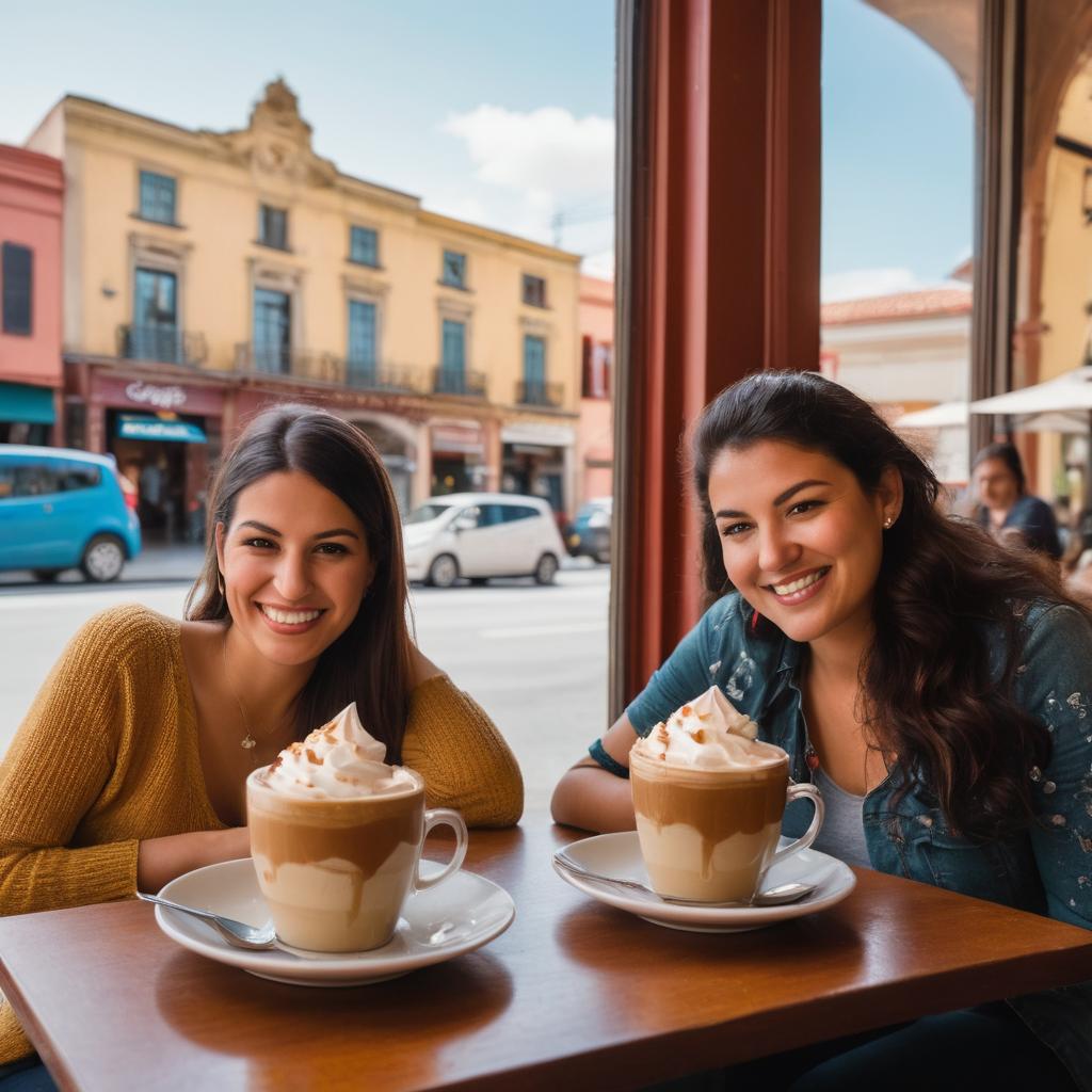 Two friends enjoy ice-d coffees and a shared chocolate cake at the cozy Theatre Cafe in Santa Maria, surrounded by vibrant town life through large windows.