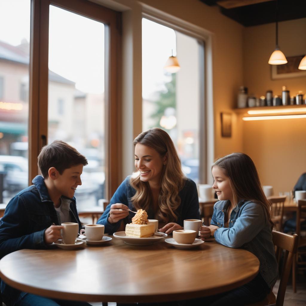 At Parker's bustling café, a family gathers over a table laden with food and desserts, creating a cozy atmosphere as they savor their meals, including latte macchiattos and cheesecake, while their children play nearby with games and books.